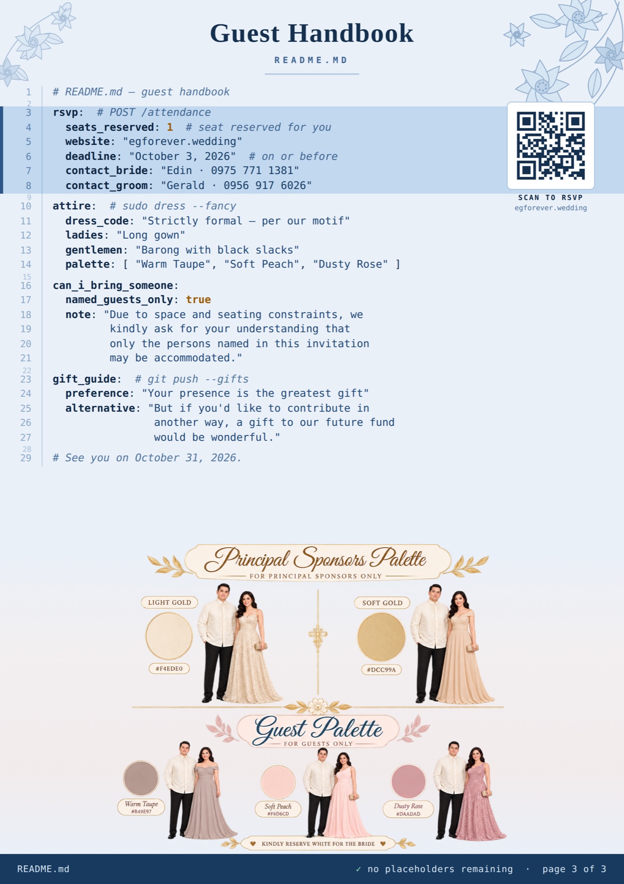 Printed invitation page 3 — Guest Handbook: RSVP, attire, and palette